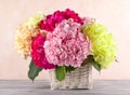 Bouquet of beautiful hydrangea in basket