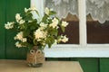 Bouquet of beautiful jasmine flowers in vase on wooden table near window outdoors, space for text Royalty Free Stock Photo