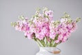 Bouquet of Beautiful lilac mattiola. Spring flowers in vase on wooden table. Flowers delivery. Royalty Free Stock Photo