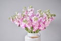 Bouquet of Beautiful lilac mattiola. Spring flowers in vase on wooden table. Flowers delivery. Royalty Free Stock Photo