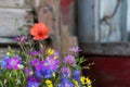 Bouquet of beautiful meadow flowers and poppy on dark wooden background indoors in natural light Royalty Free Stock Photo