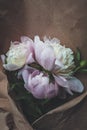 Bouquet of beautiful peonies flowers on paper background