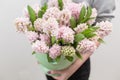 Bouquet of Beautiful pink hyacinths. Spring flowers in vase in woman hand. bulbous plant. Horizontal photo Royalty Free Stock Photo