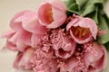 Bouquet of beautiful pink tulips in early spring as a postcard or picture with nice flowers Royalty Free Stock Photo