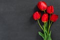 Bouquet of beautiful red tulips on black granite monument with empty space for text