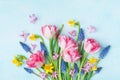 Bouquet of beautiful spring flowers on pastel blue table top view. Greeting card for International Women Day. Flat lay Royalty Free Stock Photo