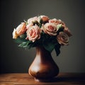 A bouquet of beige cream-colored roses in a glass vase on a wooden table, romantic floral decoration, generative ai