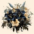 Bouquet of black and white lilies, beautiful unusual flowers, mourning, gothic, on white, retro old post card style,