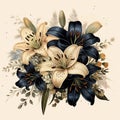 Bouquet of black and white lilies, beautiful unusual flowers, mourning, gothic, on white, retro old post card style,