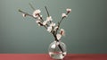 Bouquet of blooming apricot flowers in a vase on a green background