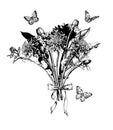 Bouquet with blooming dandelions and butterflies. Hand drawn sketch.Vector illustration. Concept of a birthday card Royalty Free Stock Photo
