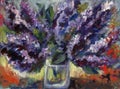bouquet of blooming lilacs in a vase, oil painting