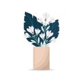 A bouquet of blooming lilies and large decorative leaves in a vase. A bouquet of flowers in a vase. Vector illustration Royalty Free Stock Photo