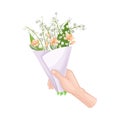 Bouquet of Blossoming Flowers in Craft Paper Wrapping Clutched in Hand Vector Illustration