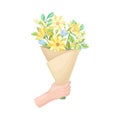 Bouquet of Blossoming Flowers in Craft Paper Wrapping Clutched in Hand Vector Illustration