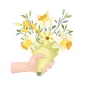 Bouquet of Blossoming Flowers in Craft Paper Wrapping Clutched in Hand Vector Illustration