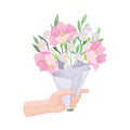 Bouquet of Blossoming Flowers in Craft Paper Wrapping Clutched in Hand Vector Illustration