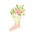 Bouquet of Blossoming Flowers with Rose in Craft Paper Wrapping Clutched in Hand Vector Illustration