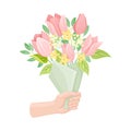 Bouquet of Blossoming Flowers with Tulips in Craft Paper Wrapping Clutched in Hand Vector Illustration