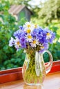 Bouquet of blue cornflowers and daisies in jug Royalty Free Stock Photo