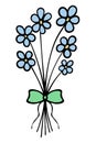 Bouquet of blue flowers. The flowers are tied with a green bow. Cartoon style. Opened petals Royalty Free Stock Photo