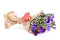 Bouquet of blue flowers and red heart. Royalty Free Stock Photo