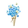 Bouquet of blue forget-me-not flowers in a paper cornet and yellow lemongrass butterflies isolated on white background. Hand drawn Royalty Free Stock Photo