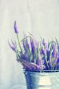 Bouquet of blue wild summer flowers in a metal bucket Royalty Free Stock Photo