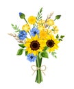 Bouquet of blue and yellow sunflowers, cornflowers, dandelions, and ears of wheat. Vector illustration Royalty Free Stock Photo