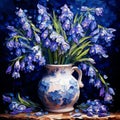 Bouquet of bluebells in a vase on a dark background, square impasto oil painting. Generative AI