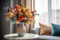 A bouquet of bright flowers in a glass vase on the table in the living room. Interior design, decoration concept Royalty Free Stock Photo