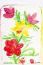Bouquet of bright flowers. Real drawing of a small child. Drawing by watercolor.