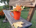A bouquet of bright maple leaves in an orange Cup on a wooden bench, close - up-the concept of bright autumn days Royalty Free Stock Photo