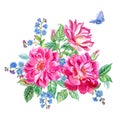 A bouquet of bright pink climbing roses and forget-me-nots with a blue butterfly