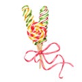 Bouquet of candies, spiral lollipops on stick with bows. Round and oblong bonbons with striped swirls, sugar caramel, red ribbons Royalty Free Stock Photo