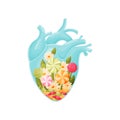 Bouquet of candy, lollipop, flowers and leaves inside the heart. Vector illustration on white background.