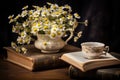 Bouquet of chamomile flowers and old book on wooden table, beautiful composition with chamomile flowers in Cup, old book, AI Royalty Free Stock Photo