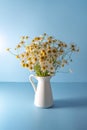 Bouquet of Chamomile in a white vase on a blue background. Postcard. Royalty Free Stock Photo