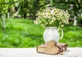 Bouquet of chamomiles in vase. Bunch of daisies and wooden heart. Natural garden background.