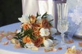 Bouquet With Champagne Flute and Gifts Royalty Free Stock Photo