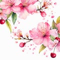 Bouquet cherry border,Hand drawn watercolor flower, tropical floral pattern and background Royalty Free Stock Photo