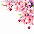 Bouquet cherry border,Hand drawn watercolor flower, tropical floral pattern and background Royalty Free Stock Photo