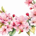 Bouquet cherry border,Hand drawn watercolor flower, tropical floral pattern and background Royalty Free Stock Photo