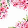 Bouquet cherry border,Hand drawn watercolor flower, tropical floral pattern and background Royalty Free Stock Photo