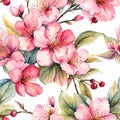 Bouquet cherry border,Hand drawn watercolor flower, tropical floral pattern and background Royalty Free Stock Photo