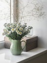 Bouquet of chrysanthemums in a vintage ceramic mug, a craft box on the windowsill . Cozy home interior Royalty Free Stock Photo