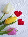 bouquet of colored tulips white wooden background two red hearts Royalty Free Stock Photo