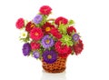 Bouquet of colorful Asters flowers in cane basket