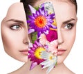 Bouquet of colorful flowers inside young woman`s face.