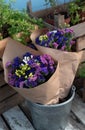 Bouquet colorful flowers Limonium or Statice (sea-lavender, caspia or marsh-rosemary) in craft paper